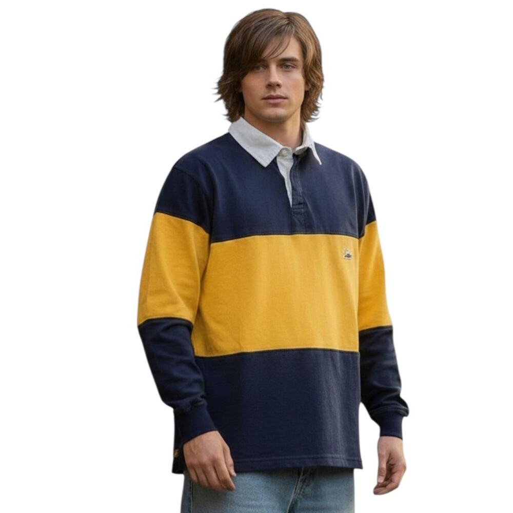 Vintage Split Skateboard Rugby Shirt Mens L Yellow Blue Long Sleeve 90s Y2K